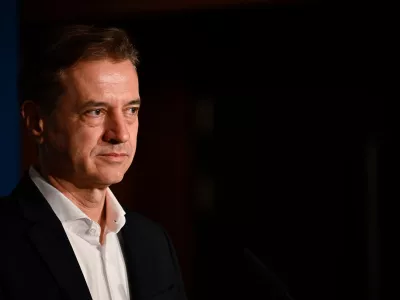 Prime Minister of Slovenia Robert Golob addresses the media at the parlament in Ljubljana, Slovenia, on Sunday, March 22, 2026. (AP Photo/Denes Erdos)