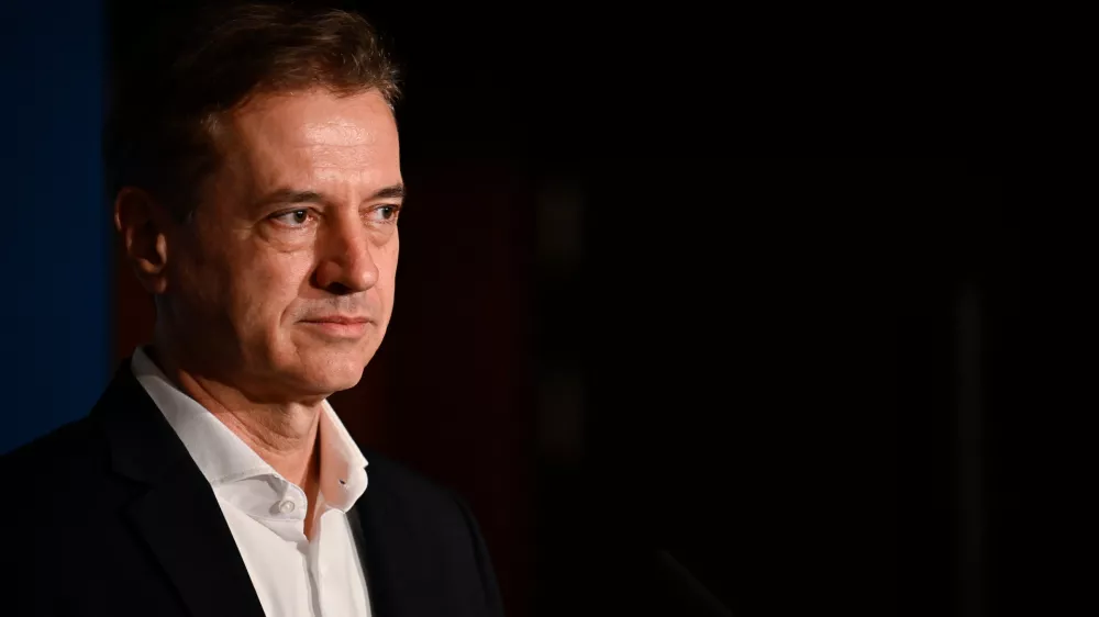 Prime Minister of Slovenia Robert Golob addresses the media at the parlament in Ljubljana, Slovenia, on Sunday, March 22, 2026. (AP Photo/Denes Erdos)