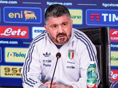 Italy's head coach Gennaro Gattuso gestures during the Italian team press conference in Florence, Italy, Monday, March 23, 2026. (Lapresse via AP)