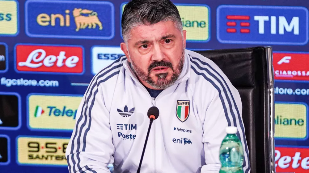 Italy's head coach Gennaro Gattuso gestures during the Italian team press conference in Florence, Italy, Monday, March 23, 2026. (Lapresse via AP)