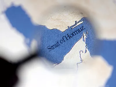 FILE PHOTO: A map showing the Strait of Hormuz is seen in this illustration taken June 22, 2025. REUTERS/Dado Ruvic/Illustration//File Photo