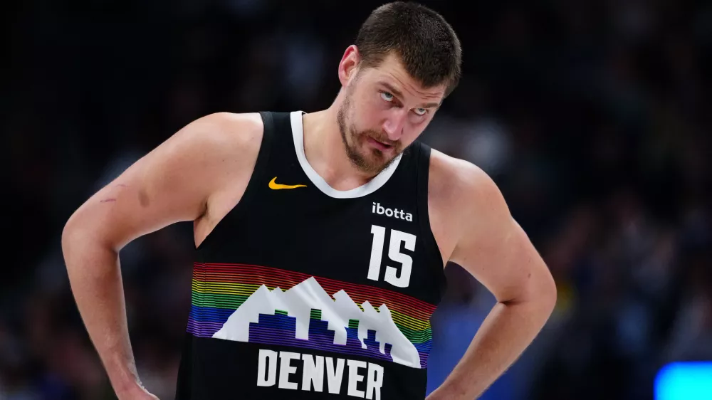 Mar 6, 2026; Denver, Colorado, USA; Denver Nuggets center Nikola Jokic (15) during the second quarter against the New York Knicks at Ball Arena. Mandatory Credit: Ron Chenoy-Imagn Images