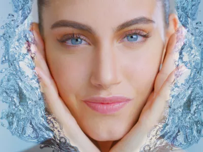 Portrait of woman with beautiful face and perfect skin just cleaned from impurities touching it gently with 3d water hands to show how soft, smooth and pure it is.