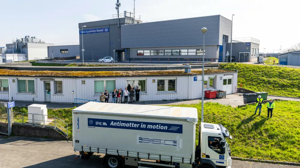 A truck carries the transportable antimatter trap during a road test at the European Organization for Nuclear Research (CERN), in Meyrin near Geneva, Switzerland, Tuesday, March 24, 2026. (Salvatore Di Nolfi/Keystone via AP)