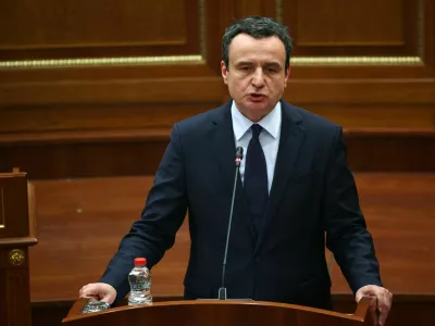 Kosovo's newly elected Albin Kurti delivers a speech during a parliamentary session, in Pristina, Kosovo, February 11, 2026. REUTERS/Florion Goga