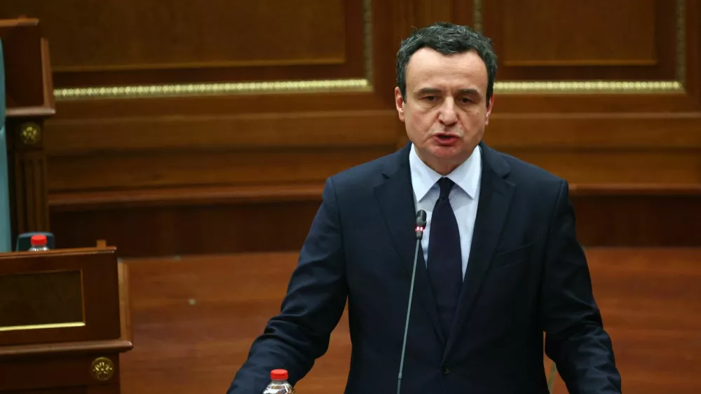 Kosovo's newly elected Albin Kurti delivers a speech during a parliamentary session, in Pristina, Kosovo, February 11, 2026. REUTERS/Florion Goga