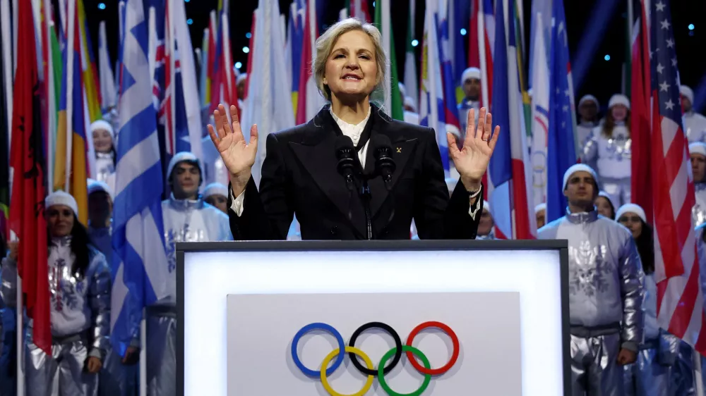 FILE - IOC President Kirsty Coventry speaks during the Olympic opening ceremony at the 2026 Winter Olympics, in Milan, Italy, Friday, Feb. 6, 2026. (Yves Herman/Pool Photo via AP, File)