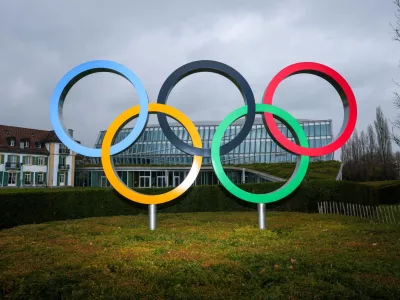 Olympic rings are pictured outside the International Olympic Committee (IOC) during an Executive Board meeting at the Olympic House in Lausanne, Switzerland, March 26, 2026. REUTERS/Denis Balibouse