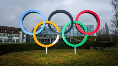 Olympic rings are pictured outside the International Olympic Committee (IOC) during an Executive Board meeting at the Olympic House in Lausanne, Switzerland, March 26, 2026. REUTERS/Denis Balibouse