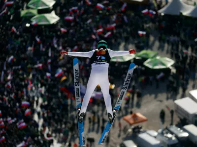 Ski Jumping - FIS Ski Jumping World Cup - Planica, Slovenia - March 28, 2026 Slovenia's Domen Prevc in action during the Mens Team HS240 Trial Round REUTERS/Borut Zivulovic