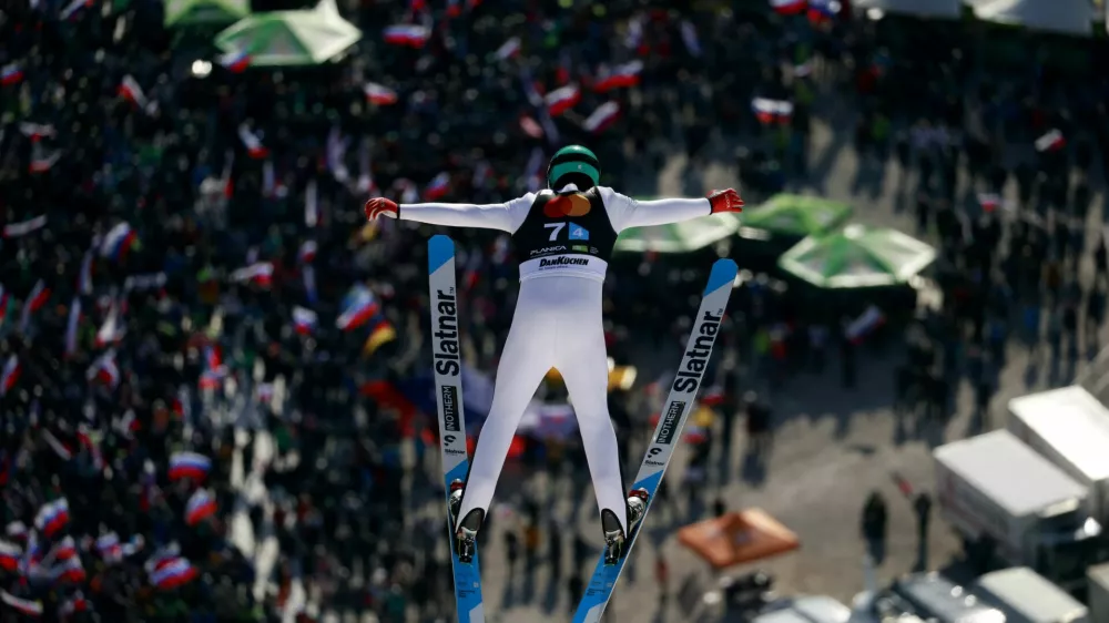 Ski Jumping - FIS Ski Jumping World Cup - Planica, Slovenia - March 28, 2026 Slovenia's Domen Prevc in action during the Mens Team HS240 Trial Round REUTERS/Borut Zivulovic
