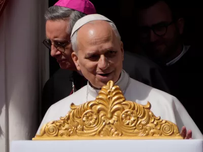 Pope Leo XIV arrives to a meeting with a group of young people and cathecumens in the square in front of Sainte D&eacute;vote Church in La Condamine, Monaco, Saturday, March 28, 2026. (AP Photo/Gregorio Borgia)
