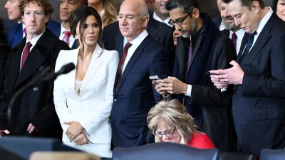 CEO of Meta and Facebook Mark Zuckerberg, Lauren Sanchez, Amazon founder Jeff Bezos, Google CEO Sundar Pichai and Tesla and SpaceX CEO Elon Musk attend the inauguration ceremony before Donald Trump is sworn in as the 47th US President in the US Capitol Rotunda in Washington, DC, on January 20, 2025.  Saul Loeb/Pool via REUTERS