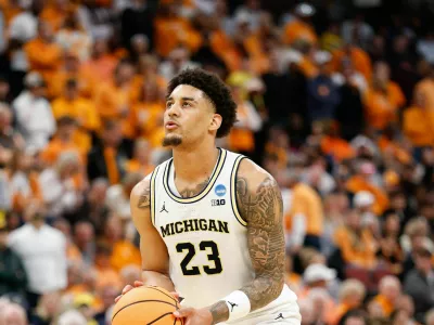Mar 29, 2026; Chicago, IL, USA; Michigan Wolverines forward Yaxel Lendeborg (23) shoots a free throw in the second half against the Tennessee Volunteers during an Elite Eight game of the Midwest Regional of the men's 2026 NCAA Tournament at United Center. Mandatory Credit: Kamil Krzaczynski-Imagn Images