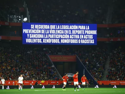 Soccer Football - International Friendly - Spain v Egypt - RCDE Stadium, Cornella de Llobregat, Spain - March 31, 2026 A big screen displays a anti discrimination message inside the stadium during the match REUTERS/Albert Gea