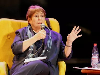 Former Chilean President Michelle Bachelet, a candidate for UN Secretary-General, speaks at an event commemorating the 20th anniversary of the first government presided over by a woman at the University of Valparaiso in Valparaiso, Chile, March 31, 2026. REUTERS/Rodrigo Garrido