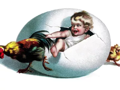 Calendar festival: Easter.A little child emerges from an egg and grabs onto the feathers of a cockerel, as a chick looks on from behind the egg.Easter greetings card, chrome lithograph, circa 1900.,Image: 277742236, License: Rights-managed, Restrictions:, Model Release: no