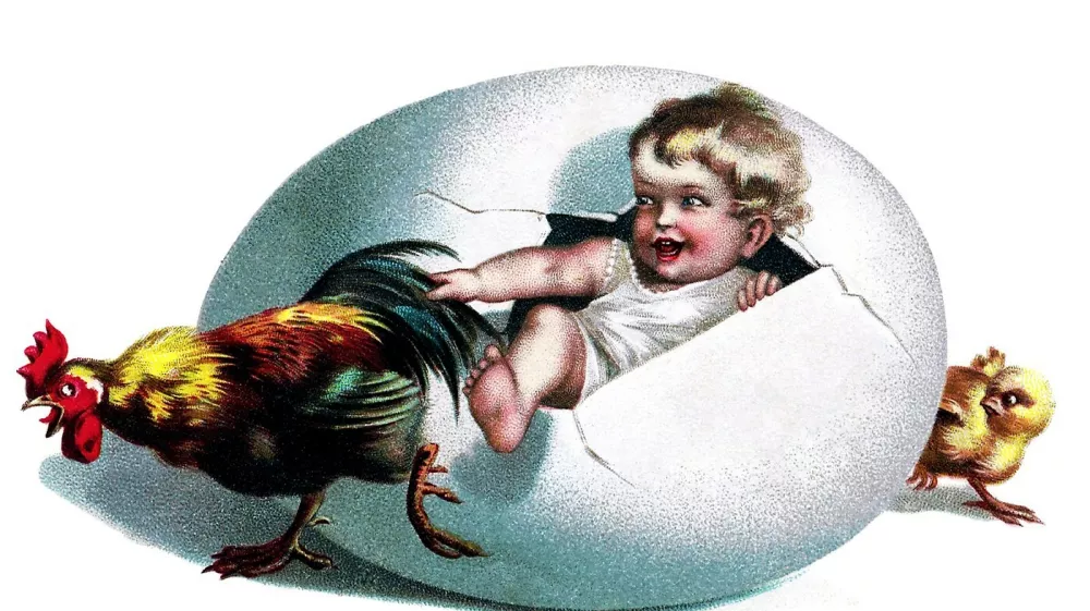 Calendar festival: Easter.A little child emerges from an egg and grabs onto the feathers of a cockerel, as a chick looks on from behind the egg.Easter greetings card, chrome lithograph, circa 1900.,Image: 277742236, License: Rights-managed, Restrictions:, Model Release: no