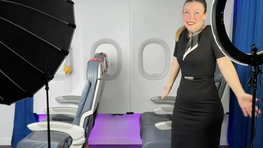 Story from Jam Press (Living Room Plane)Pictured: Video grab of Barbara revealing the plane she keeps in her living room and offering advice for travelling passengers.VIDEO: Influencer flight attendant reveals she has own 'PLANE' in LIVING ROOMA flight attendant has revealed the 'plane' she keeps in her living room&nbsp;&ndash; which includes two rows of seats, windows and blue curtains.Barbara Bacilieri, better known online as Barbie Bac, worked as a flight attendant for 14 years.Today, she is a travel influencer with 4.9m TikTok fans and 2.8m YouTube subscribers.The 33-year-old recently gave an insight into how she films her viral travel clips with a life size set to recreate the look of a commercial airline cabin."As I'm a flight attendant and a TikToker, I have a plane in my living room," she told What's The Jam."You can do anything on my plane, even bring your monkey."Barbara also shared some tips and tricks for passengers &ndash; such as why you should always use the seat-pocket bag if you feel sick and "never walk barefoot" in the toilets.She said: "When this happens [vomiting on the floor], the flight attendants can only collect it in a piece of paper and spray a little perfume."It's better to use the little bag in your seat pocket."She added that the toilets are "only cleaned once a day" so "it's better to always wear your trainers".In another video, Barbara, who hails from Argentina but lives in Spain, told passengers to avoid putting "snotty tissues in the seat pocket".She added "This pocket is very difficult to clean, it's better to put them in a bag and throw them away later."Believe it or not, I've seen this a lot on the plane."ENDSEDITOR'S NOTE: Video Usage Licence: (EXCLUSIVE) We have obtained an exclusive licence from the copyright holder. A copy of the licence is available on request.Video Restrictions: None.,Image: 1079525294, License: Rights-managed, Restrictions: EDITOR'S NOTE: Video Usage Licence: (EXCLUSIVE) We have obtained an exclusive licence from the copyright holder. A copy of the licence is available on request.Video Restrictions: None., Model Release: no