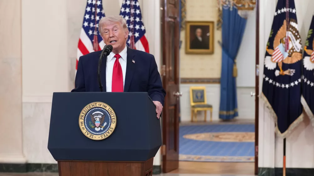 President Donald Trump speaks about the Iran war from the Cross Hall of the White House on Wednesday, April 1, 2026, in Washington. (Doug Mills/The New York Times via AP Pool)