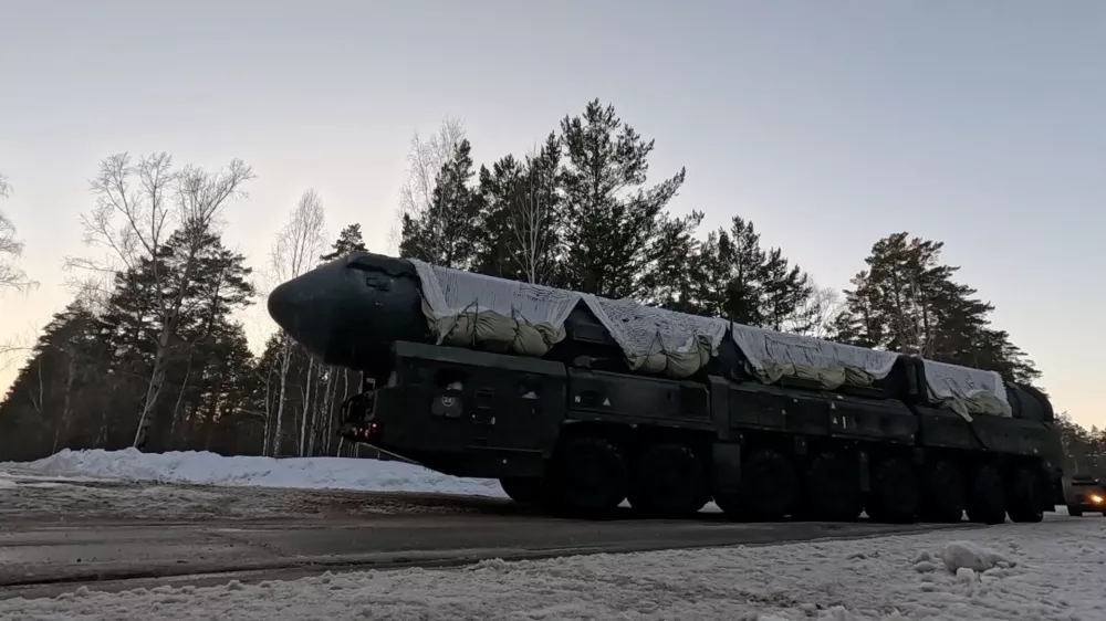 Russia's Yars intercontinental ballistic missile system unit drives during drills by the country's strategic missile forces in an unknown location in Siberia, Russia, in this image taken from handout footage released April 2, 2026. Russian Defence Ministry/Handout via REUTERS ATTENTION EDITORS - THIS IMAGE WAS PROVIDED BY A THIRD PARTY. NO RESALES. NO ARCHIVES. MANDATORY CREDIT.