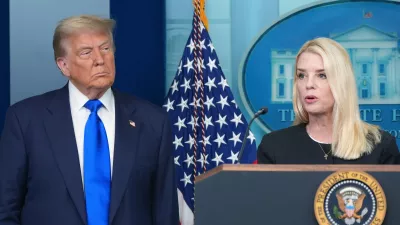 FILE - Attorney General Pam Bondi speaks to reporters as President Donald Trump listens, June 27, 2025, in the briefing room of the White House in Washington. (AP Photo/Jacquelyn Martin, File)