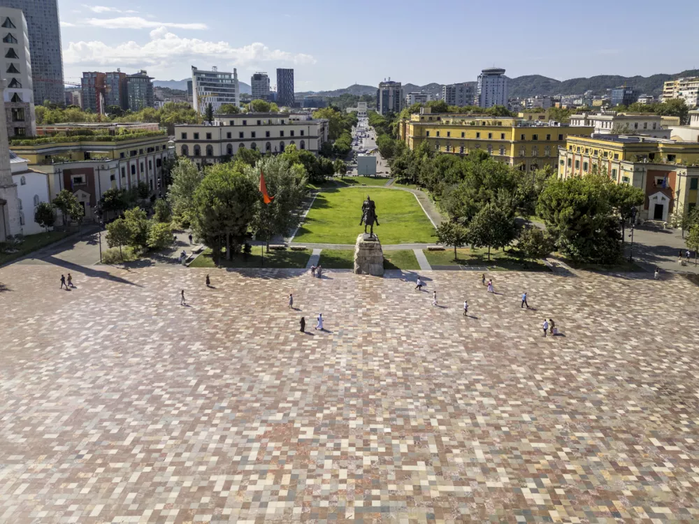 The large public square marked by a statue of the warrior Skanderbeg in the Albanian capital city