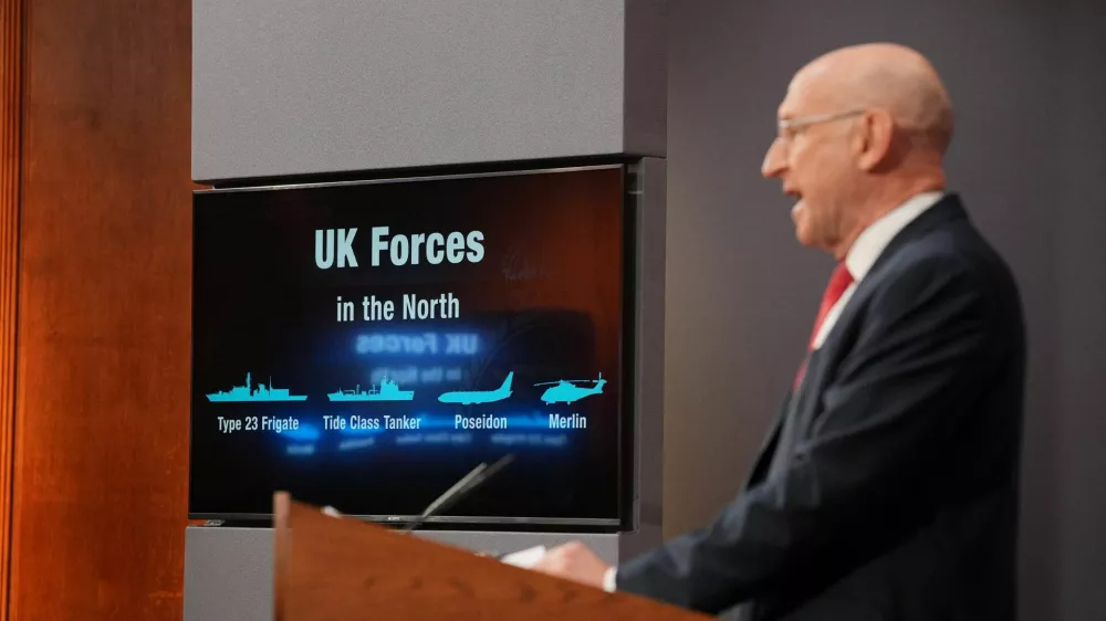 Britain's Defence Secretary John Healey delivers a statement on recent UK operational activity, he said the UK and allies monitored a Russian attack submarine and two spy submarines in the North Atlantic for a month before they retreated, at 9 Downing Street in Westminster, central London, Britain, April 9, 2026.  Yui Mok/Pool via REUTERS