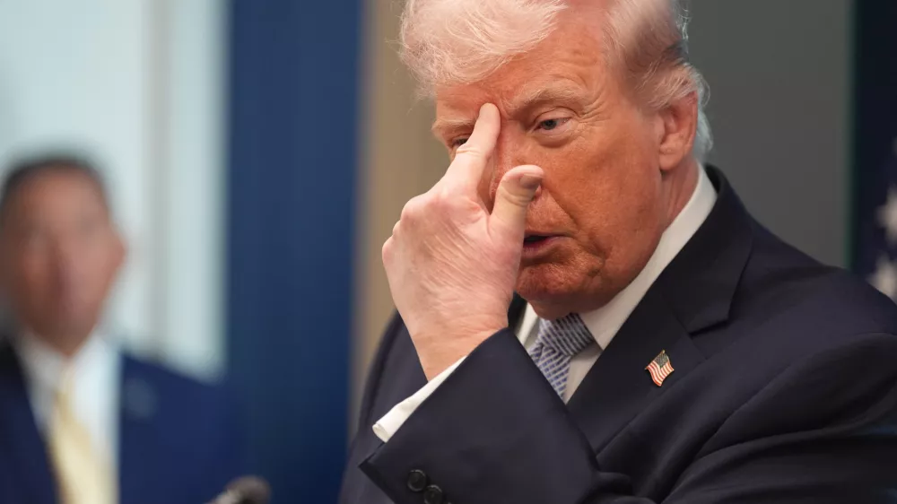 President Donald Trump speaks with reporters in the James Brady Press Briefing Room at the White House, Monday, April 6, 2026, in Washington. (AP Photo/Alex Brandon)