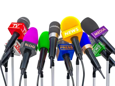 Press conference or interview concept. Microphones of different mass media, 3D rendering isolated on white background