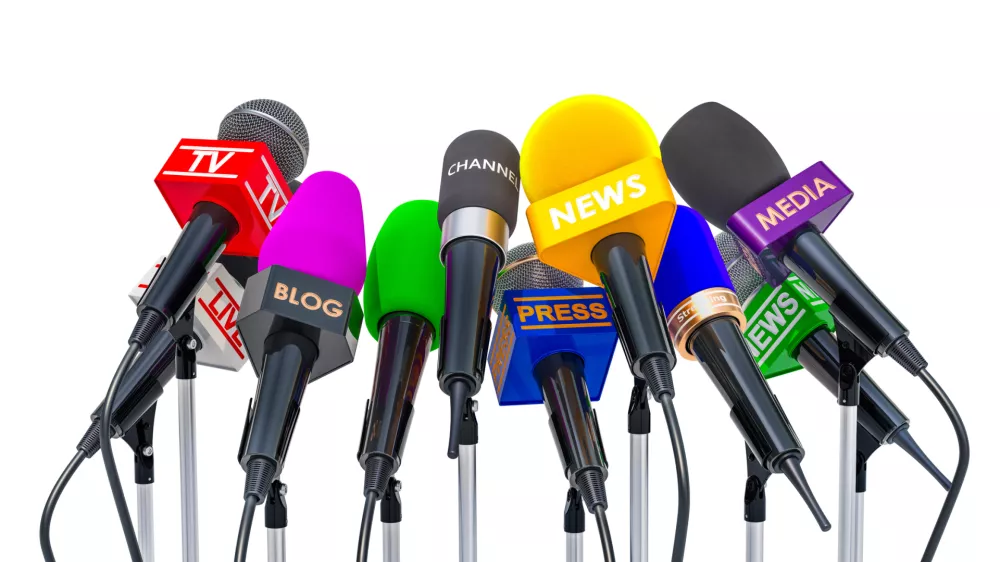 Press conference or interview concept. Microphones of different mass media, 3D rendering isolated on white background
