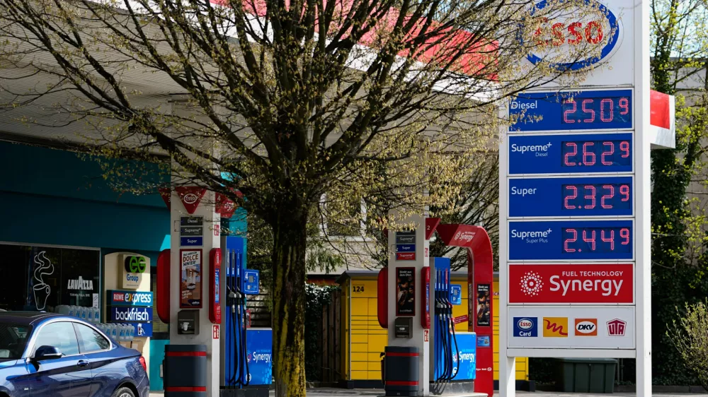 Gas prices are displayed at a patrol station in Munich, Germany, Sunday, April 5, 2026. (AP Photo/Matthias Schrader)