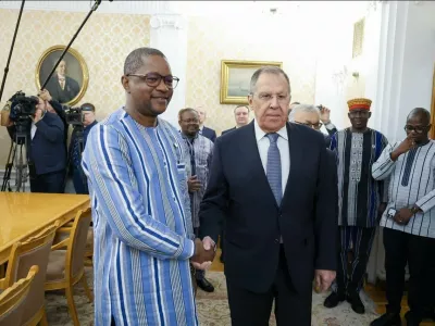 Russian Foreign Minister Sergey Lavrov meets with his Burkinabe counterpart, Karamoko Jean-Marie Traor&eacute;, in Moscow, and emphasizes strengthening security and military cooperation and supporting stability in the Sahel region of Africa. In Moscow, Russia, February 12, 2026.Russian Foreign Minister Sergey Lavrov meets with his Burkinabe counterpart, Karamoko Jean-Marie Traor&eacute;, in Moscow,, Russia, Russian Federation - 12 Feb 2026,Image: 1076652908, License: Rights-managed, Restrictions:, Model Release: no
