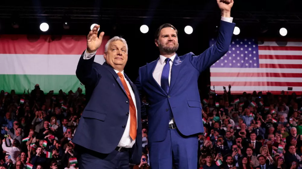 U.S. Vice President JD Vance and Hungarian Prime Minister Viktor Orban appear on stage together during Day of Friendship event at MTK Sportpark in Budapest, Hungary, April 7, 2026. REUTERS/Jonathan Ernst/Pool   TPX IMAGES OF THE DAY