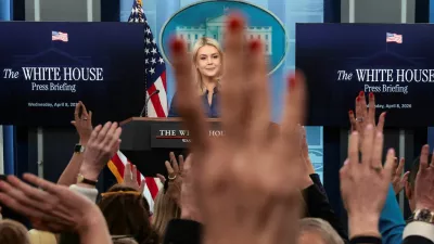 U.S. White House Press Secretary Karoline Leavitt reacts as she takes questions from the media during a press briefing in the James S. Brady Press Briefing Room at the White House in Washington, D.C., U.S., April 8, 2026. REUTERS/Evelyn Hockstein