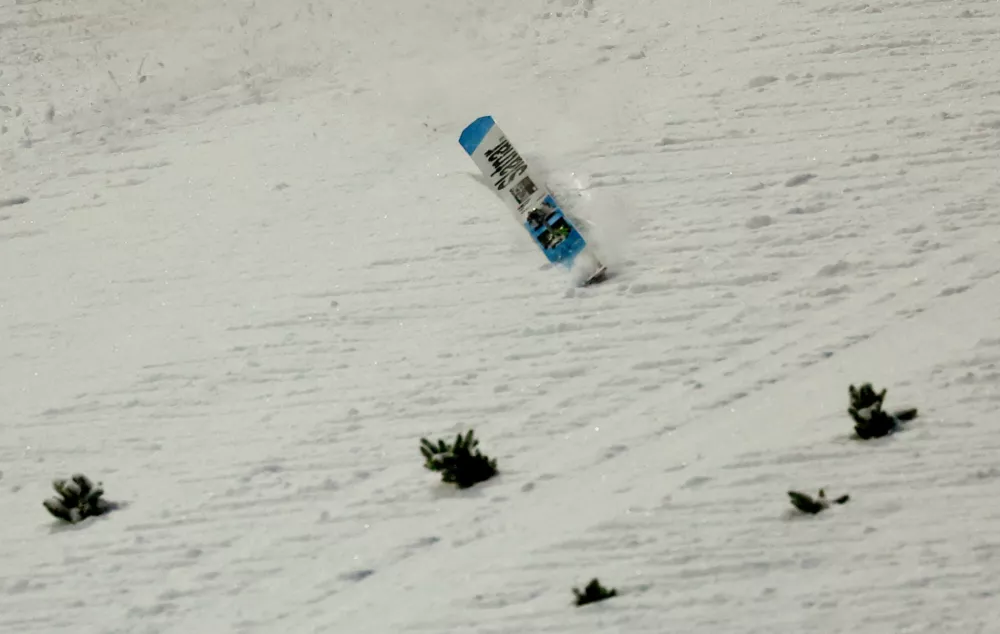 Ski Jumping - Ski Flying World Championships - Heini-Klopfer Ski Flying Hill, Oberstdorf, Germany - January 25, 2026 General view of Slovenia's Domen Prevc's ski during the men's team HS235 first round REUTERS/Kai Pfaffenbach