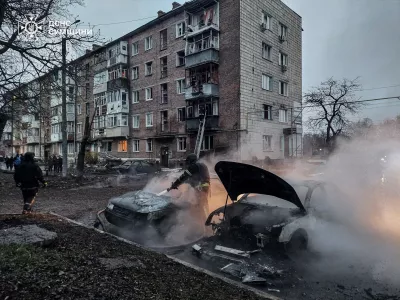 A firefighter works at the site of a Russian drone strike, amid Russia's attack on Ukraine, near the town of Konotop, Sumy region, Ukraine April 10, 2026. Press service of the State Emergency Service of Ukraine in Sumy region/Handout via REUTERS ATTENTION EDITORS - THIS IMAGE HAS BEEN SUPPLIED BY A THIRD PARTY. DO NOT OBSCURE LOGO.