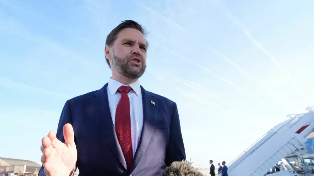U.S. Vice President JD Vance speaks to the media before boarding Air Force Two for expected departure to Pakistan for talks on Iran, at Joint Base Andrews, Maryland, U.S., April 10, 2026. Jacquelyn Martin/Pool via REUTERS