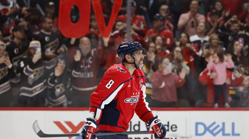 Apr 12, 2026; Washington, District of Columbia, USA; Washington Capitals left wing Alex Ovechkin (8) skates off the ice after the Capitals' game against the Pittsburgh Penguins at Capital One Arena. Mandatory Credit: Geoff Burke-Imagn Images