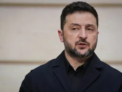Ukraine's President Volodymyr Zelensky delivers a speech during a joint press conference with France's President Emmanuel Macron, in Paris, March 13, 2026. LUDOVIC MARIN/Pool via REUTERS