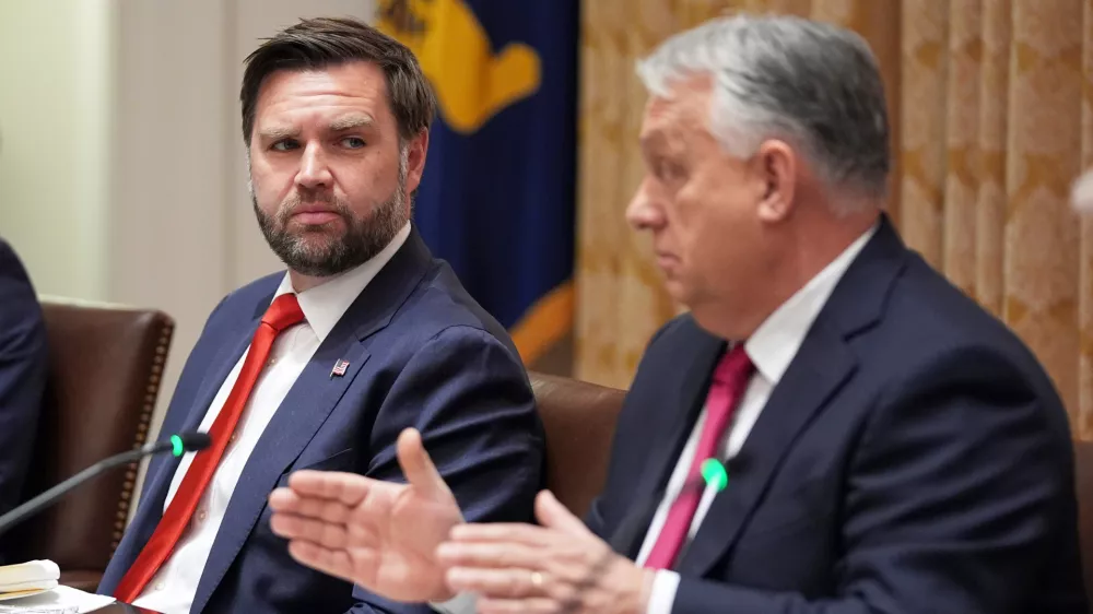 FILE - Vice President JD Vance, left, listens as Hungary's Prime Minister Viktor Orban speaks during a meeting in the Cabinet Room of the White House, Friday, Nov. 7, 2025, in Washington. (AP Photo/Evan Vucci, File)