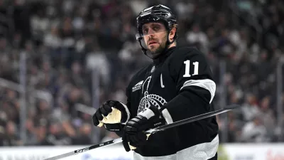 Apr 11, 2026; Los Angeles, California, USA; Los Angeles Kings center Anze Kopitar (11) is seen on the ice during the third period against the Edmonton Oilers at Crypto.com Arena. Mandatory Credit: Griffin Hooper-Imagn Images