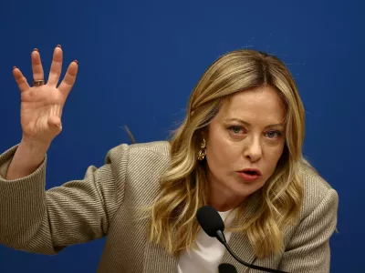 FILE PHOTO: Italy's Prime Minister Giorgia Meloni attends her end-of-year press conference in Rome, Italy, January 9, 2026. REUTERS/Vincenzo Livieri/File Photo