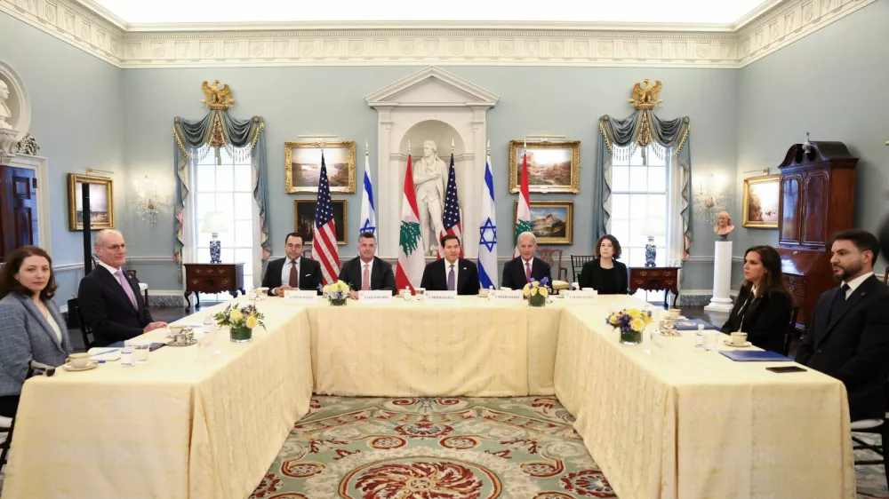 U.S. Secretary of State Marco Rubio meets with Israeli Ambassador to the United States Yechiel Leiter and Lebanese Ambassador to the United States Nada Hamadeh Moawad at the State Department in Washington, D.C., U.S., April 14, 2026. REUTERS/Kevin Lamarque