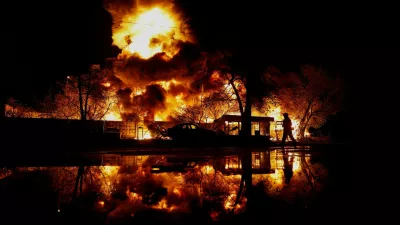A firefighter works at the site of recyclable materials hit by a Russian missile strike, amid Russia's attack on Ukraine, in Kyiv, Ukraine, April 16, 2026. REUTERS/Valentyn Ogirenko