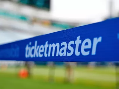 FILE - The Ticketmaster logo is seen along the sideline of the field before an NFL football game, Sept. 15, 2024, in Jacksonville, Fla. (AP Photo/Phelan M. Ebenhack, File)