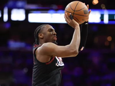 Apr 15, 2026; Philadelphia, Pennsylvania, USA; Philadelphia 76ers guard Tyrese Maxey (0) shoots against the Orlando Magic during the third quarter of a play-in round of the 2026 NBA Playoffs at Xfinity Mobile Arena. Mandatory Credit: Bill Streicher-Imagn Images