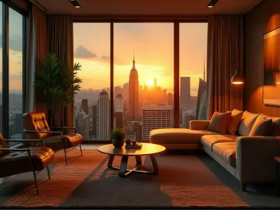 Luxury penthouse interior overlooking New York City at sunset,Image: 1071854903, License: Royalty-free, Restrictions:, Model Release: no