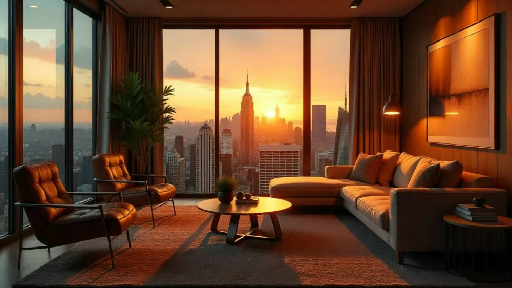 Luxury penthouse interior overlooking New York City at sunset,Image: 1071854903, License: Royalty-free, Restrictions:, Model Release: no