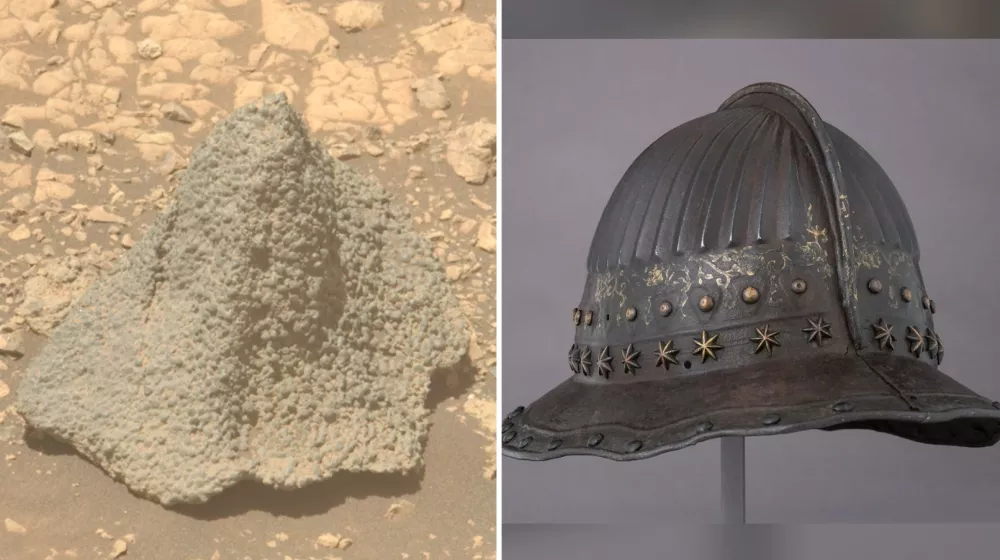 Rover Perserverance na Marsku, posnetek nenavadne kamnine v obliki čelade.Foto: NASA